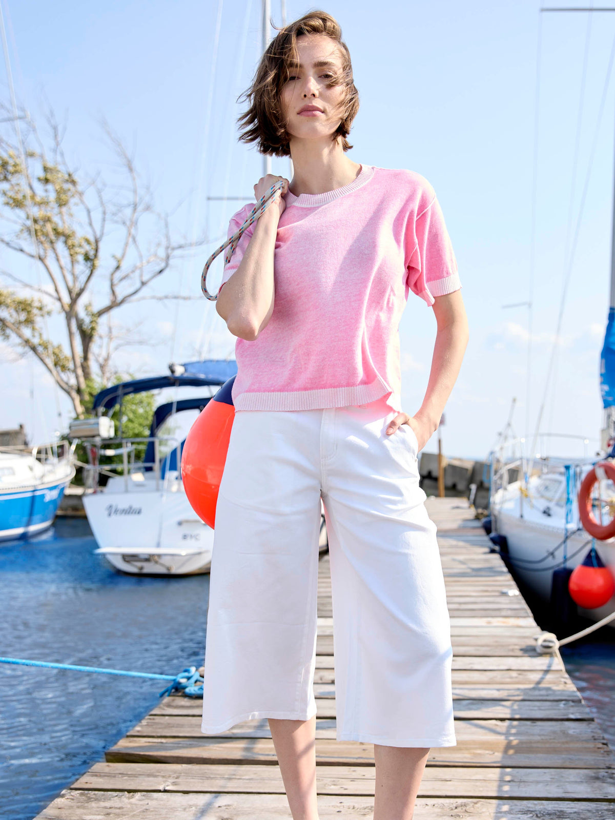 Pull à manches courtes et imprimé inversé - Rose