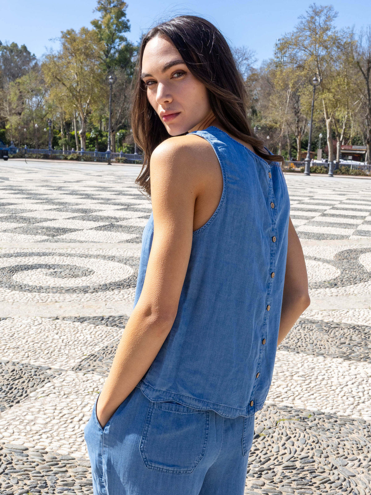 Haut sans manches festonné en tissu doux - Bleu moyen