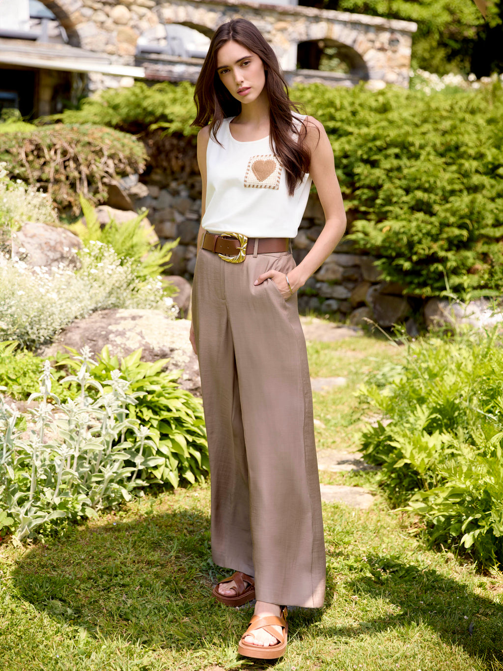 Pantalon large ceinturé en satin - Sable