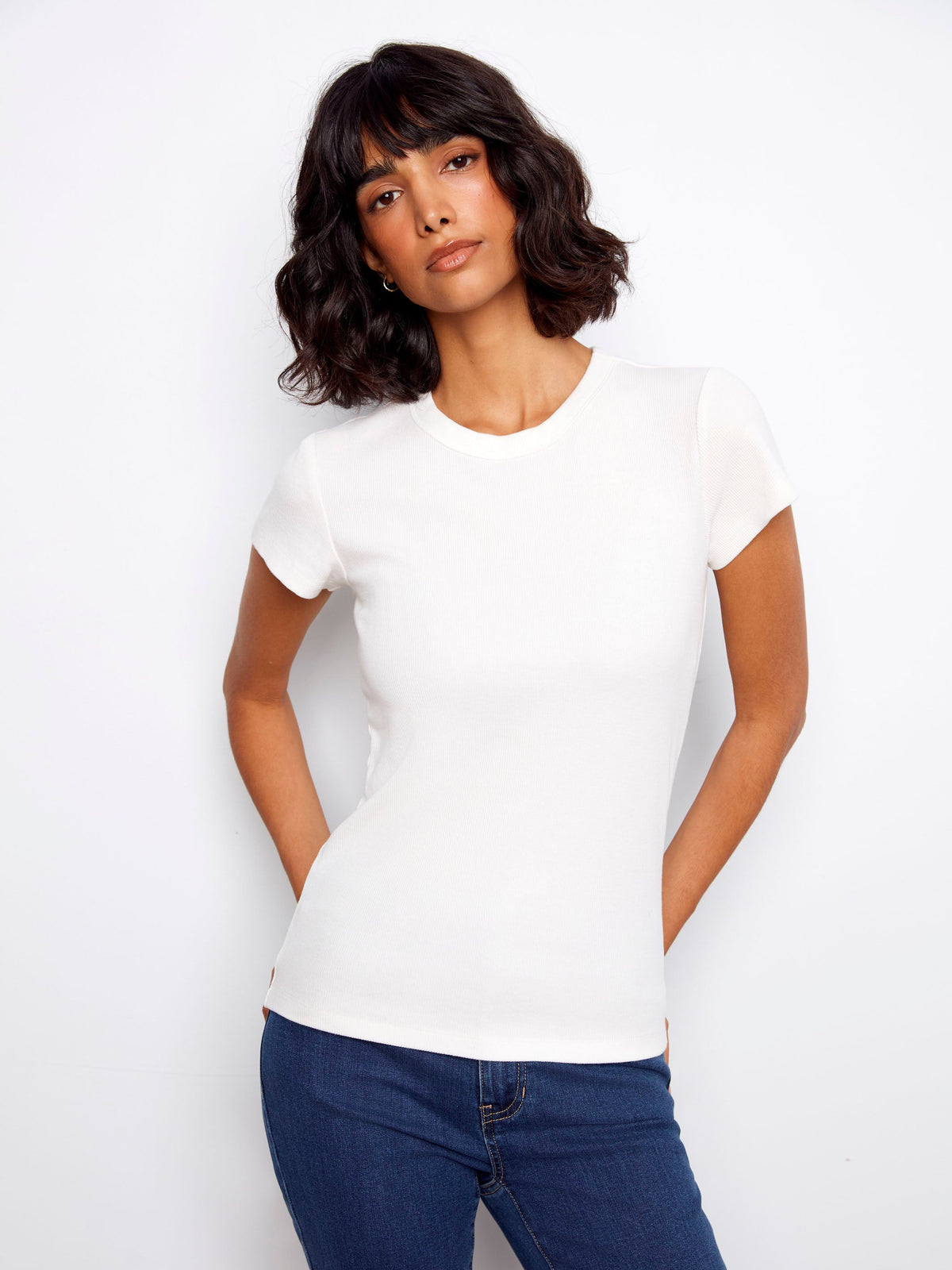 T-shirt ras du cou côtelé en tissu doux - Blanc