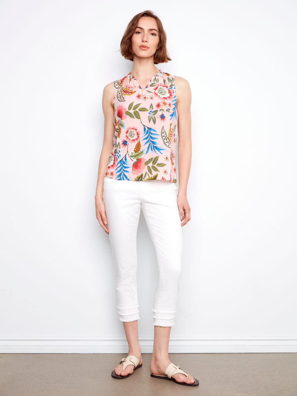 Haut sans manches imprimé à col volanté - Imprimé floral rose