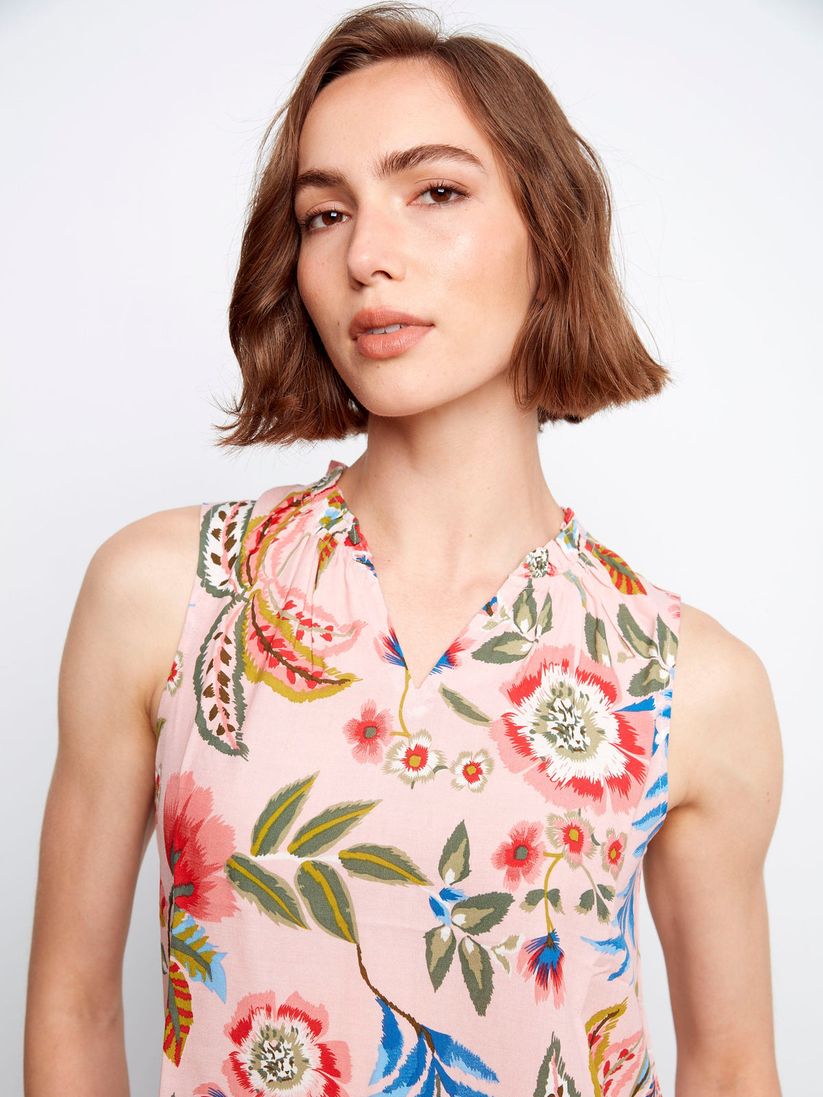 Haut sans manches imprimé à col volanté - Imprimé floral rose