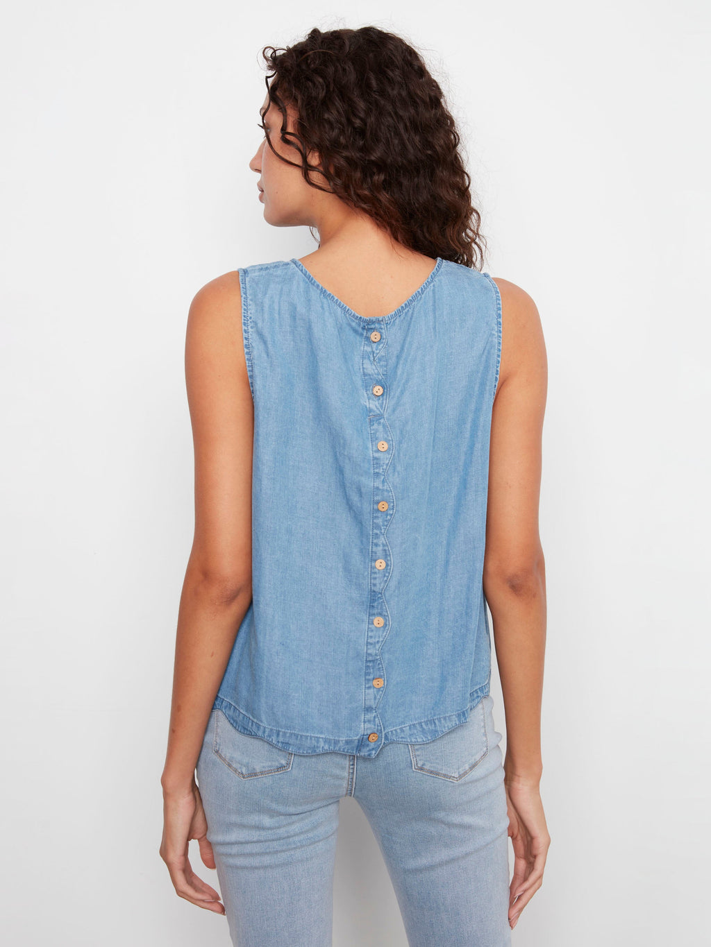 Haut sans manches festonné en tissu doux - Bleu moyen