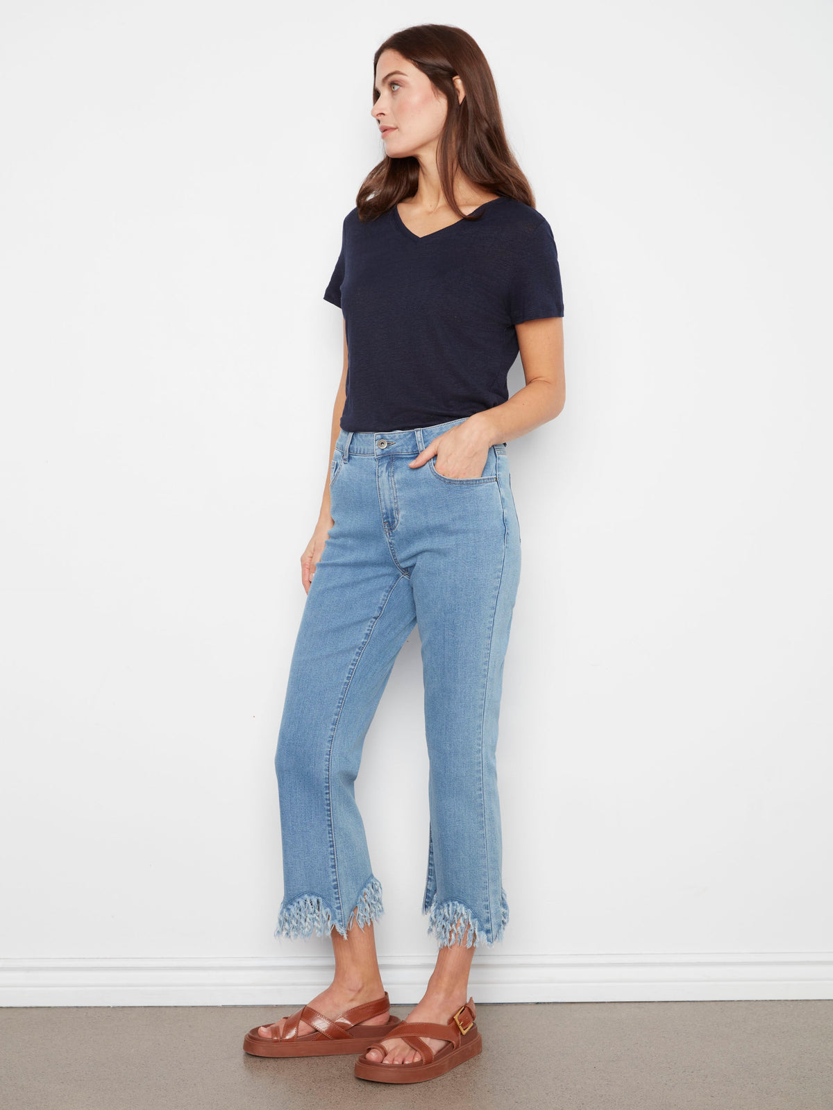 Jean Cropped À Ourlet Frangé - Jean Bleu