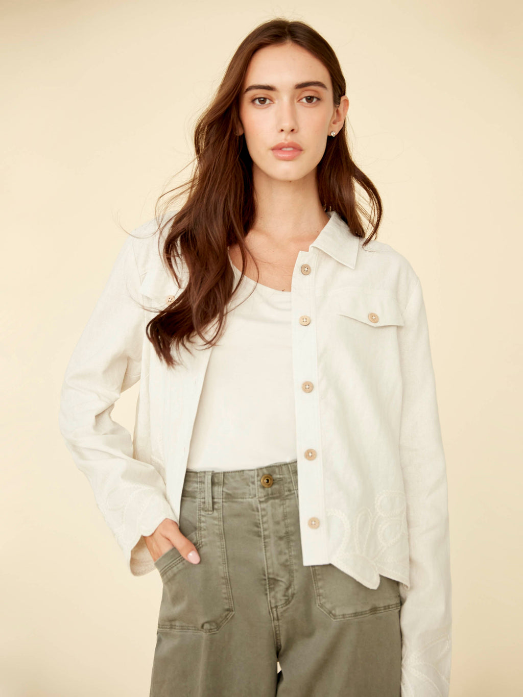 Veste en mélange de lin à ourlet brodé - Naturel