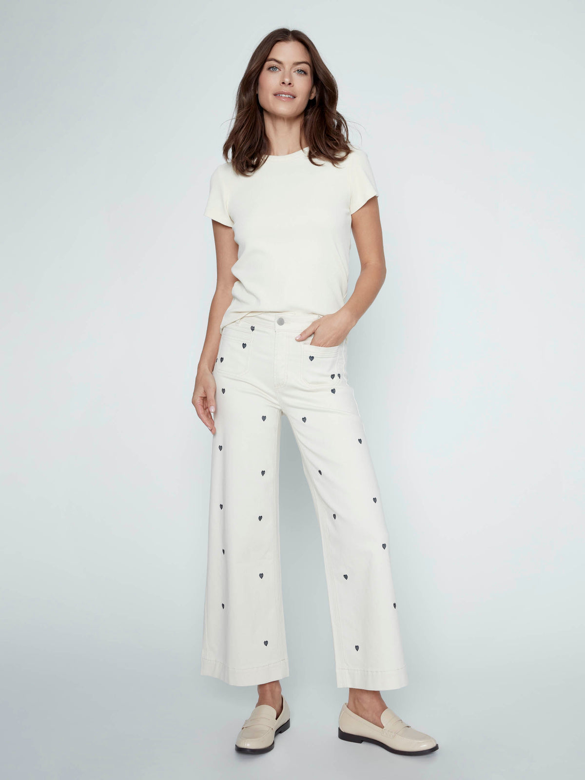 Pantalon évasé court en sergé avec broderie et poches plaquées - Naturel