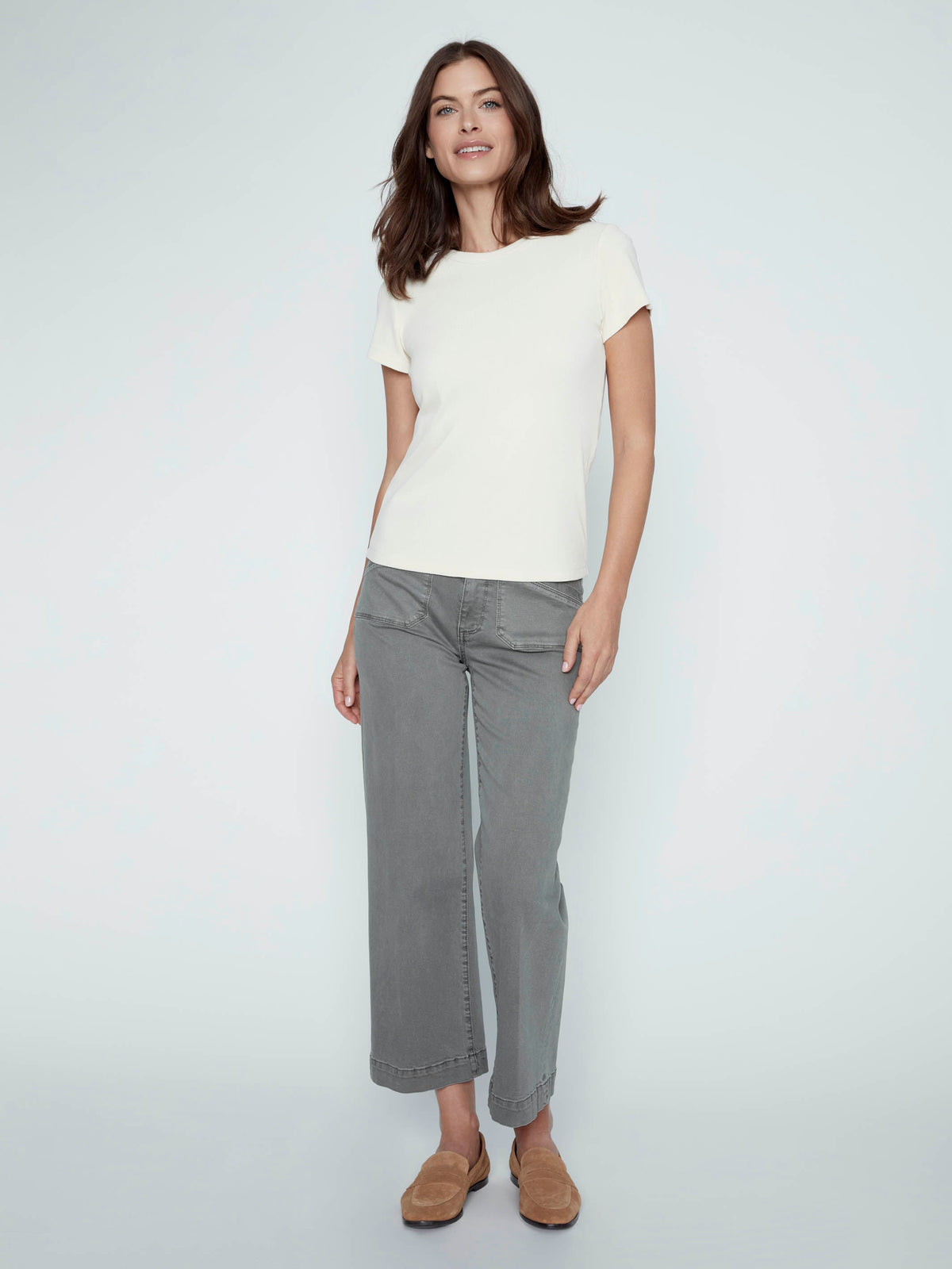 Jean en sergé extensible coupe large écourtée - sauge