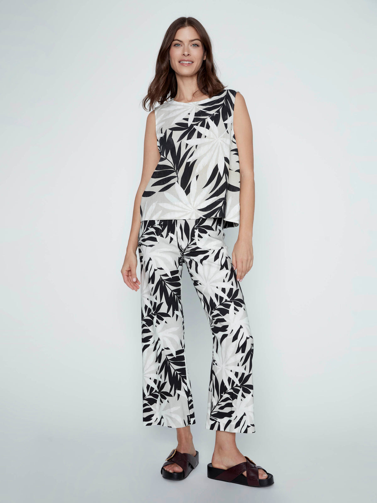 Pantalon court imprimé en mélange de lin - Imprimé feuilles noir et blanc
