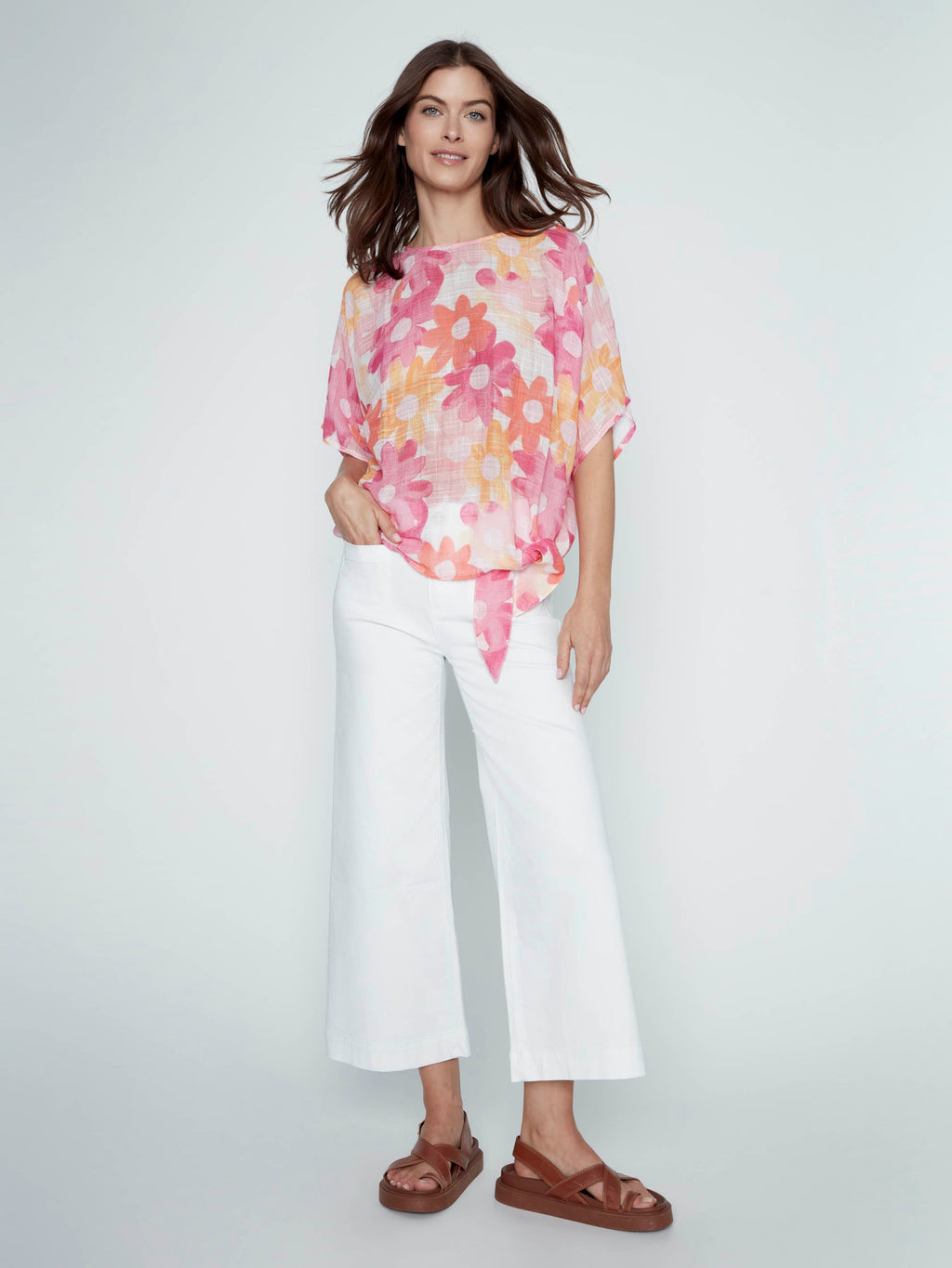 Blouse en gaze de coton imprimée à nouer sur le côté - Fleurie et colorée