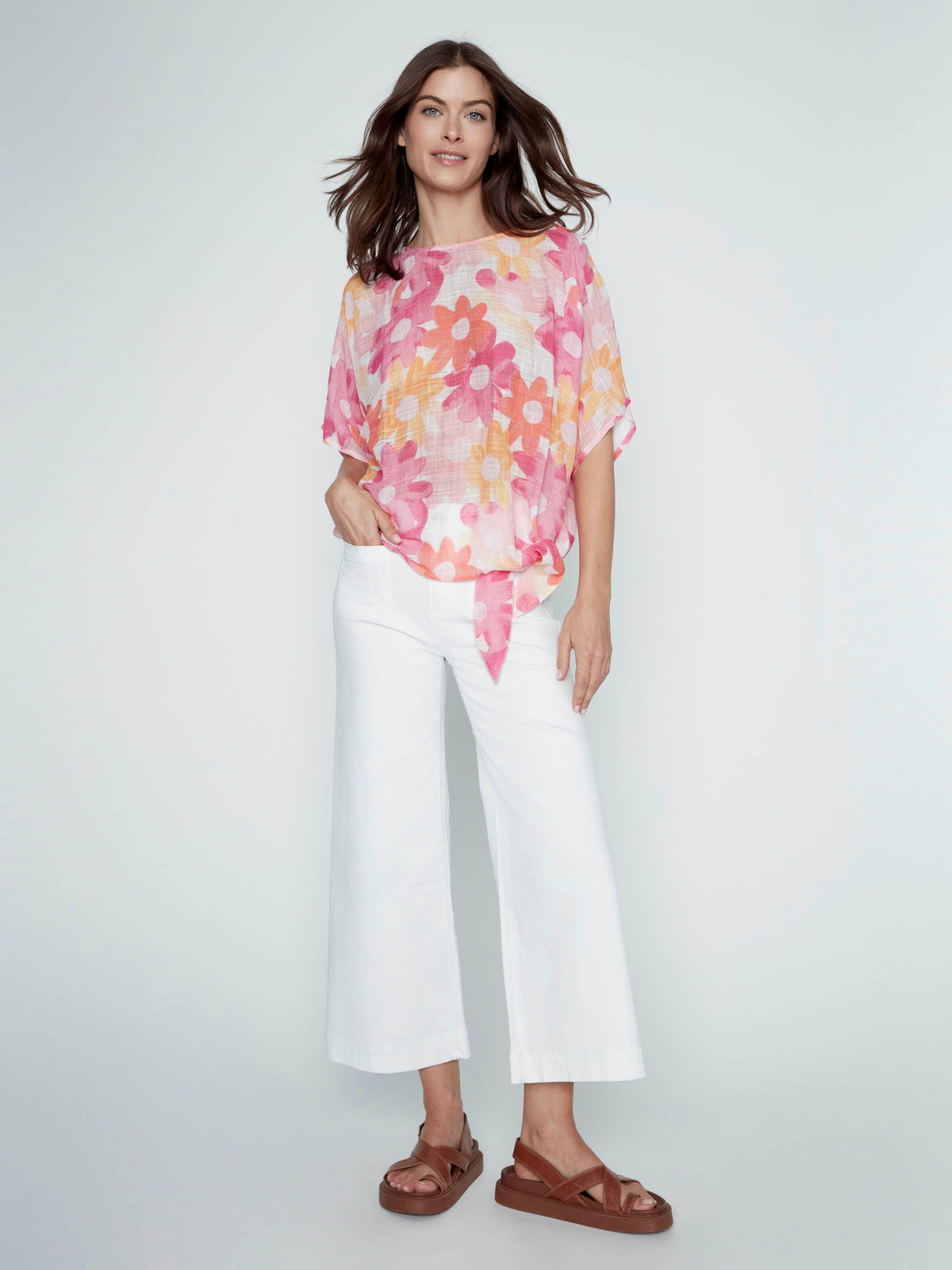 Blouse en gaze de coton imprimée à nouer sur le côté - Fleurie et colorée