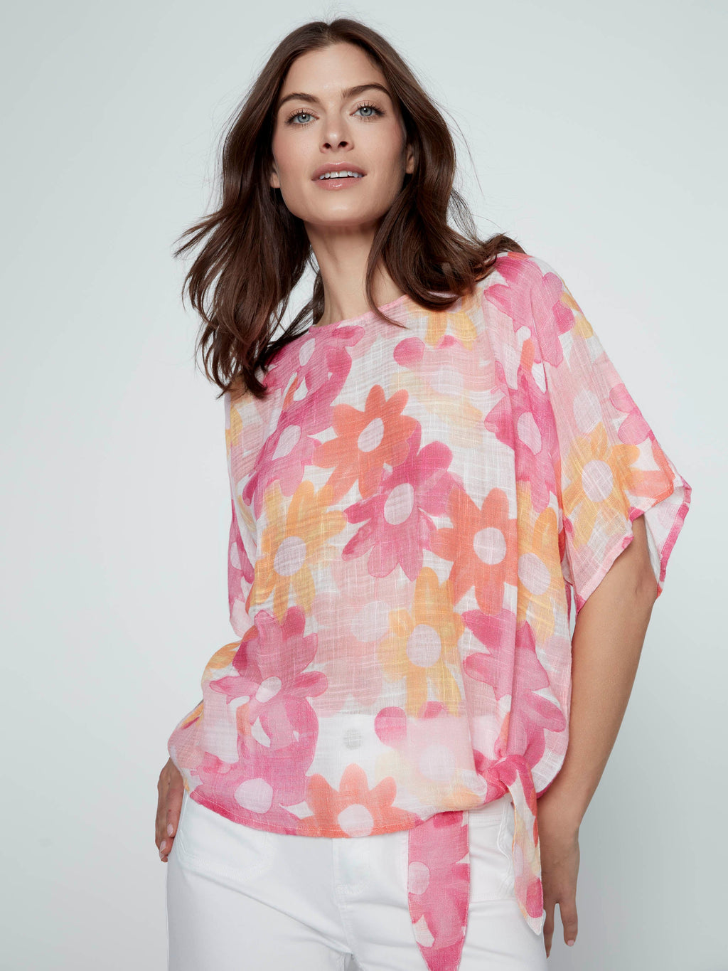 Blouse en gaze de coton imprimée à nouer sur le côté - Fleurie et colorée
