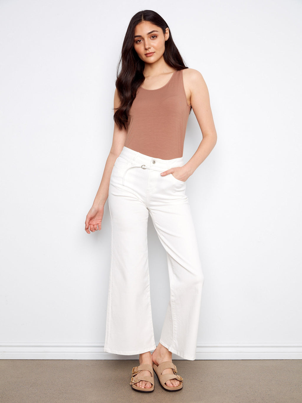 Pantalon large en sergé ceinturé - Blanc