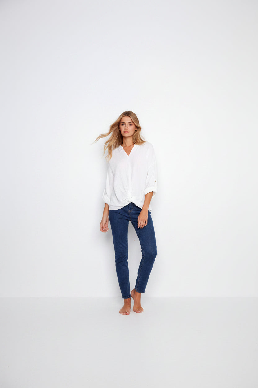 Chemisier en coton bouffant avec torsade devant - Blanc