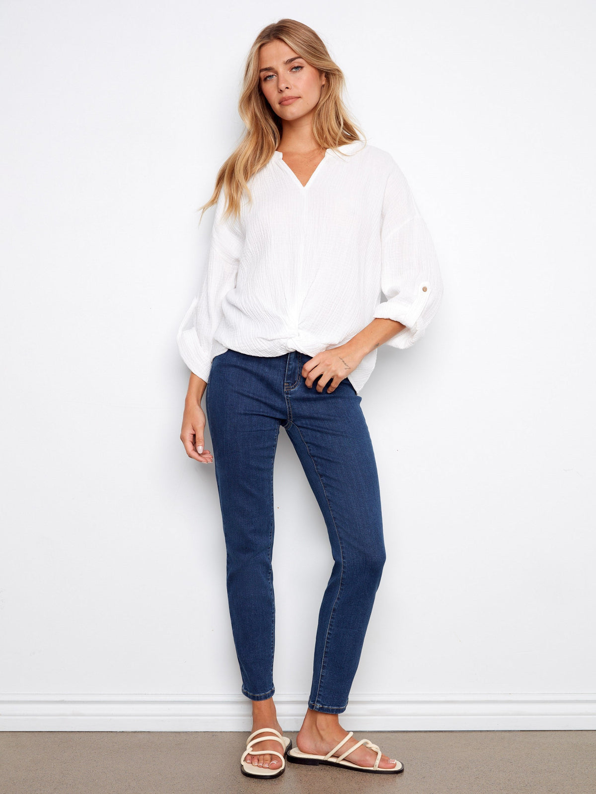 Chemisier en coton bouffant avec torsade devant - Blanc