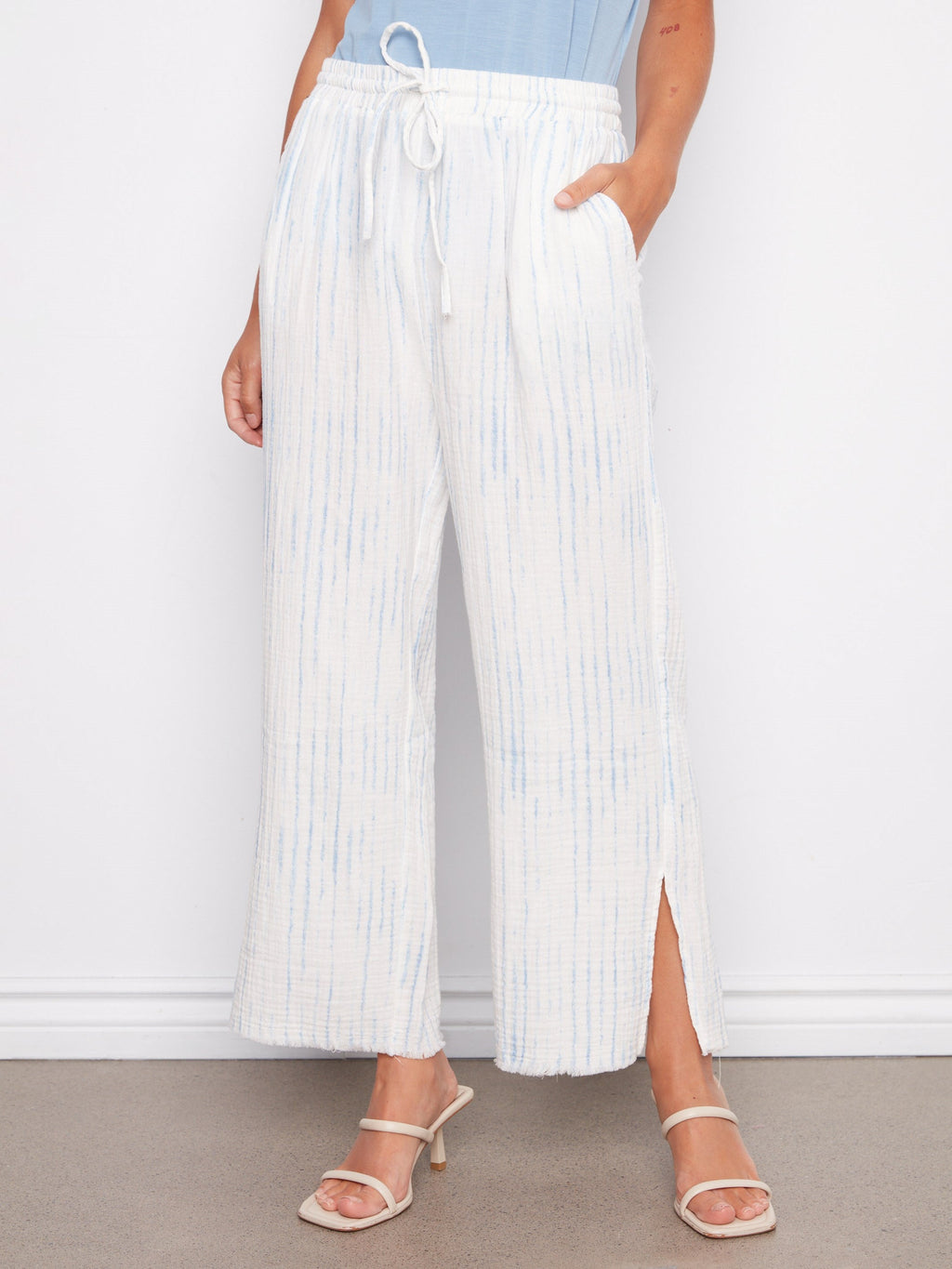 Pantalon à cordon en coton bulle imprimé - Rayures