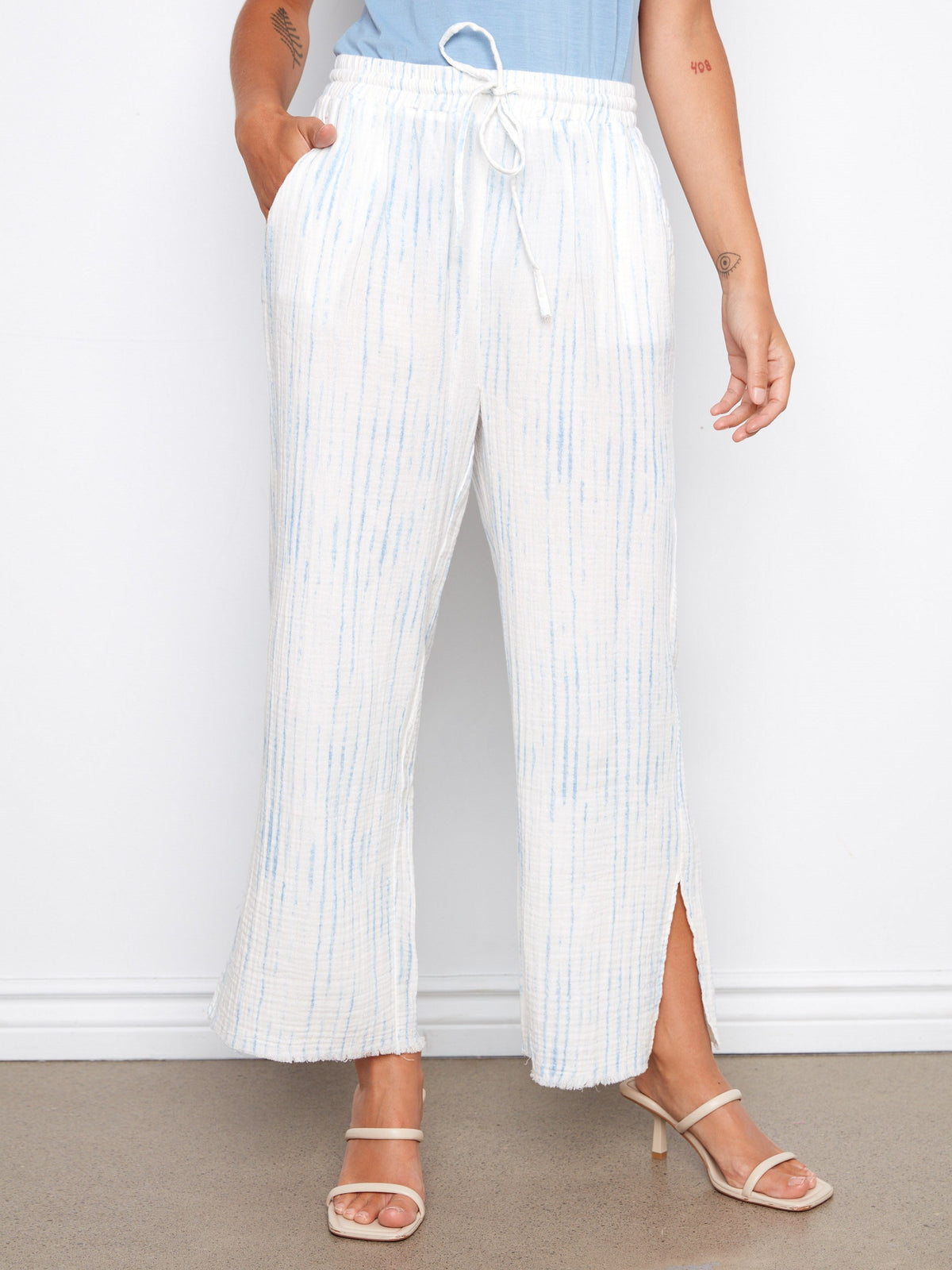 Pantalon à cordon en coton bulle imprimé - Rayures