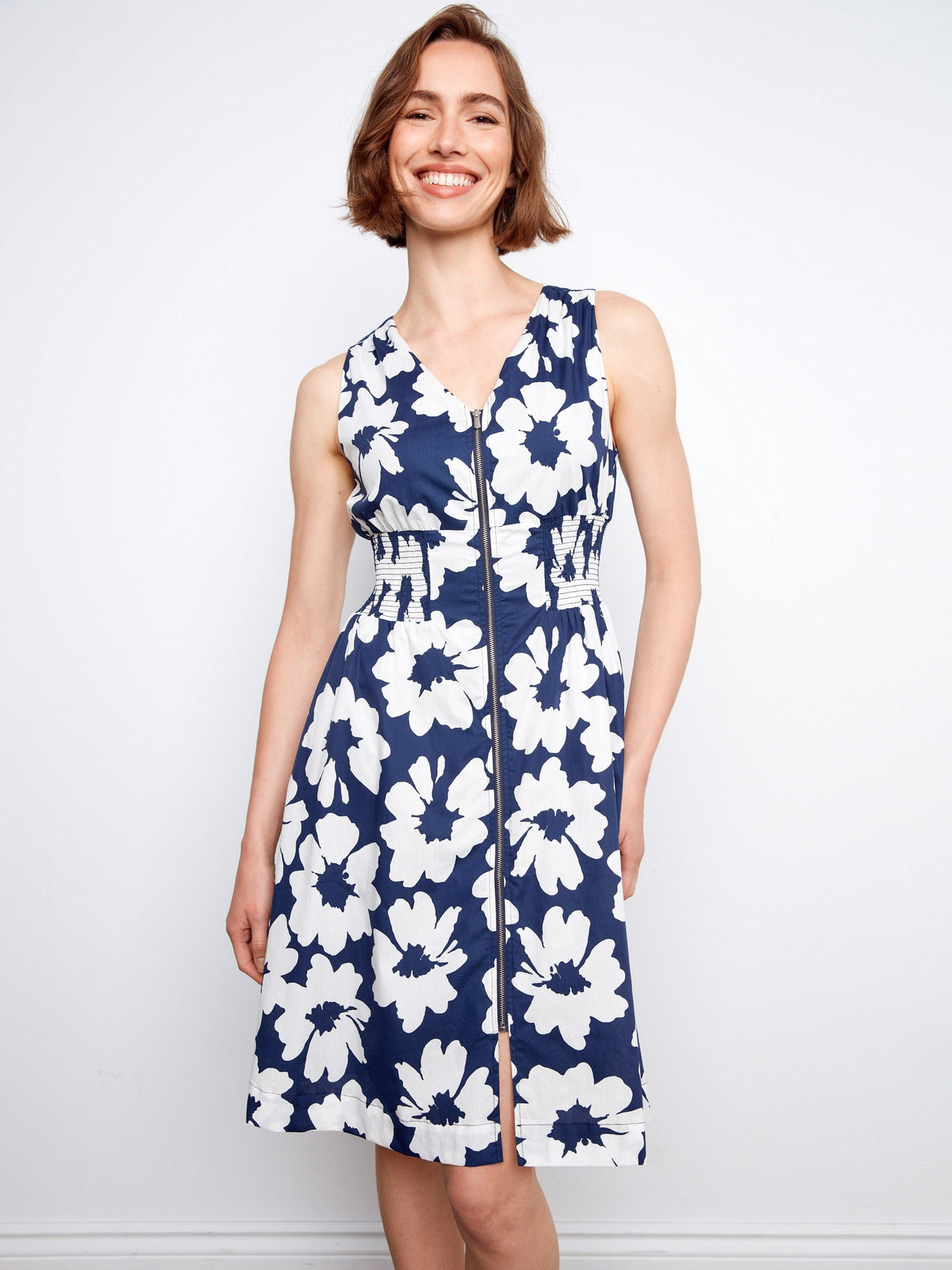 Robe en voile de coton imprimé avec fermeture éclair sur le devant - Imprimé floral
