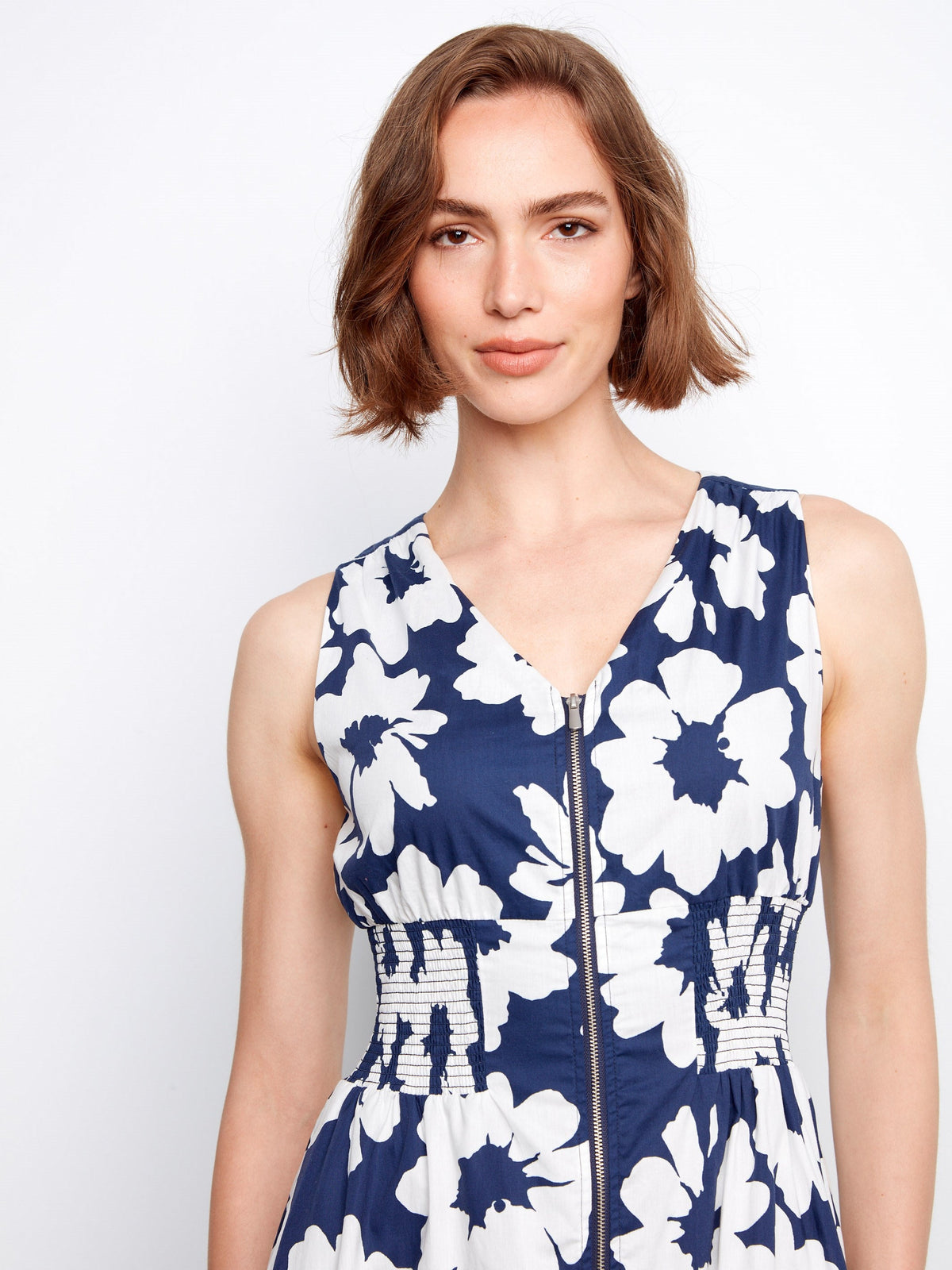 Robe en voile de coton imprimé avec fermeture éclair sur le devant - Imprimé floral