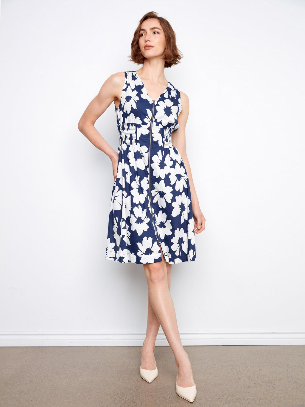 Robe en voile de coton imprimé avec fermeture éclair sur le devant - Imprimé floral