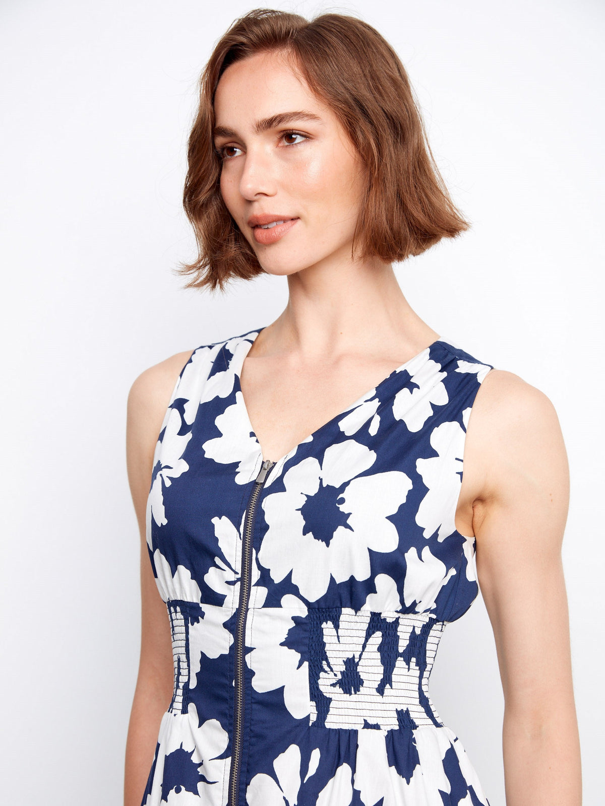 Robe en voile de coton imprimé avec fermeture éclair sur le devant - Imprimé floral