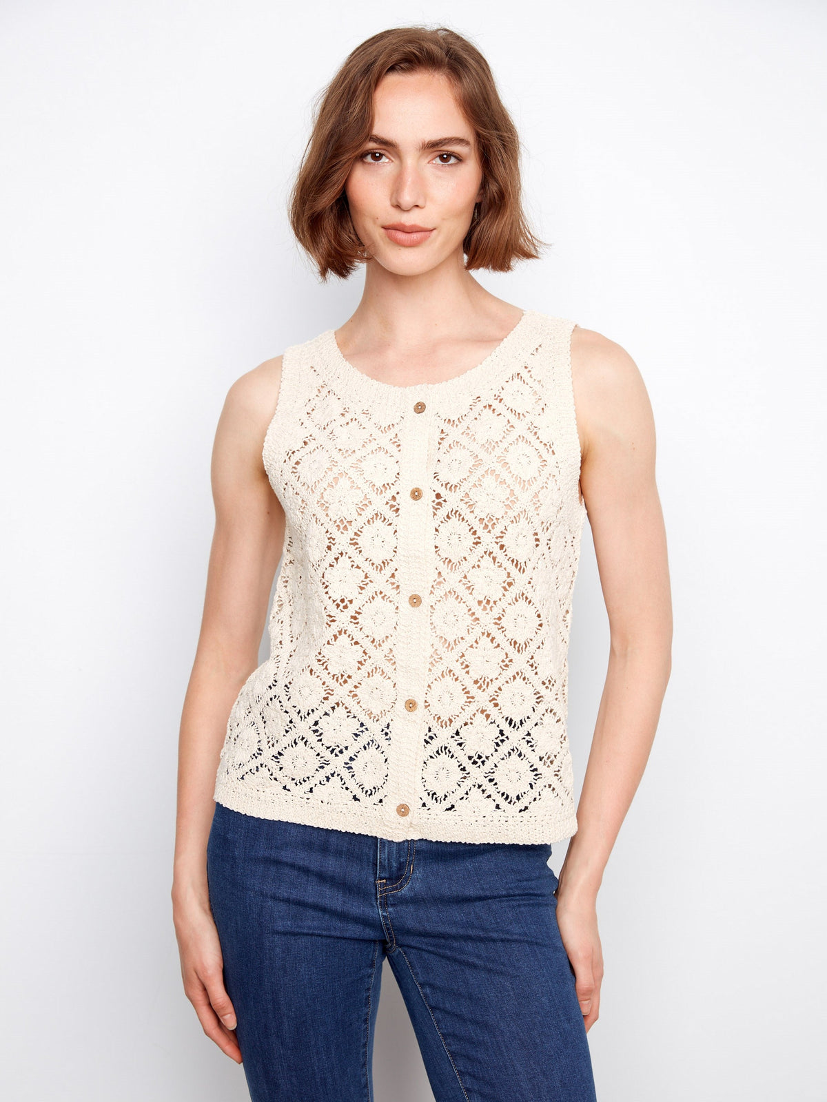Gilet sans manches en coton crocheté - Naturel