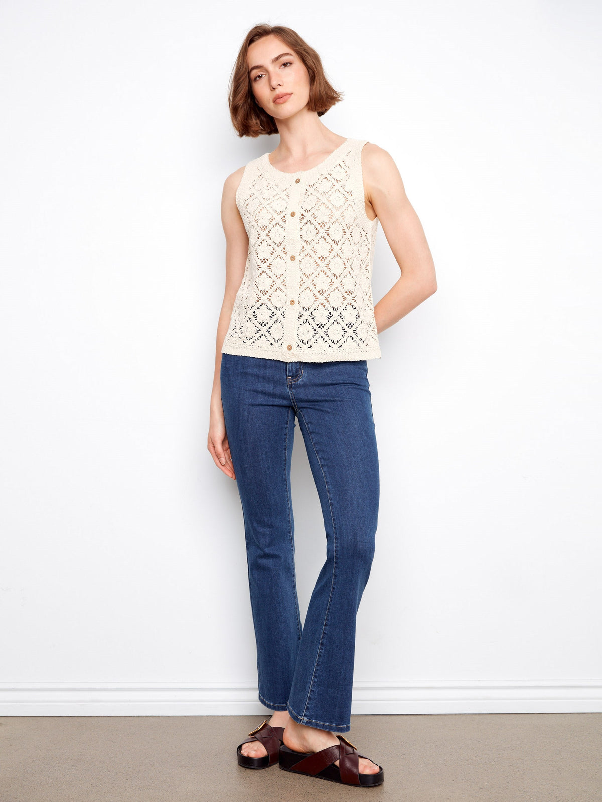 Gilet sans manches en coton crocheté - Naturel