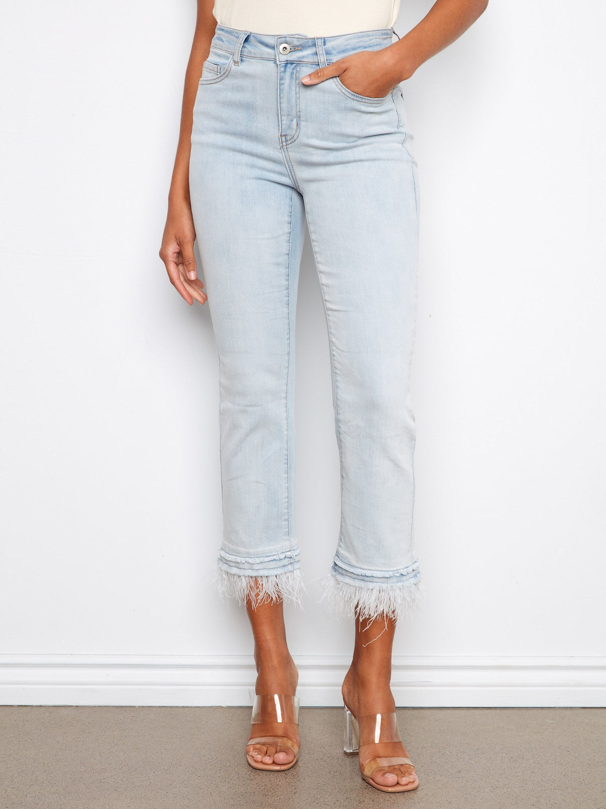 Jean Cropped À Ourlet Plume Amovible - Bleu Délavé