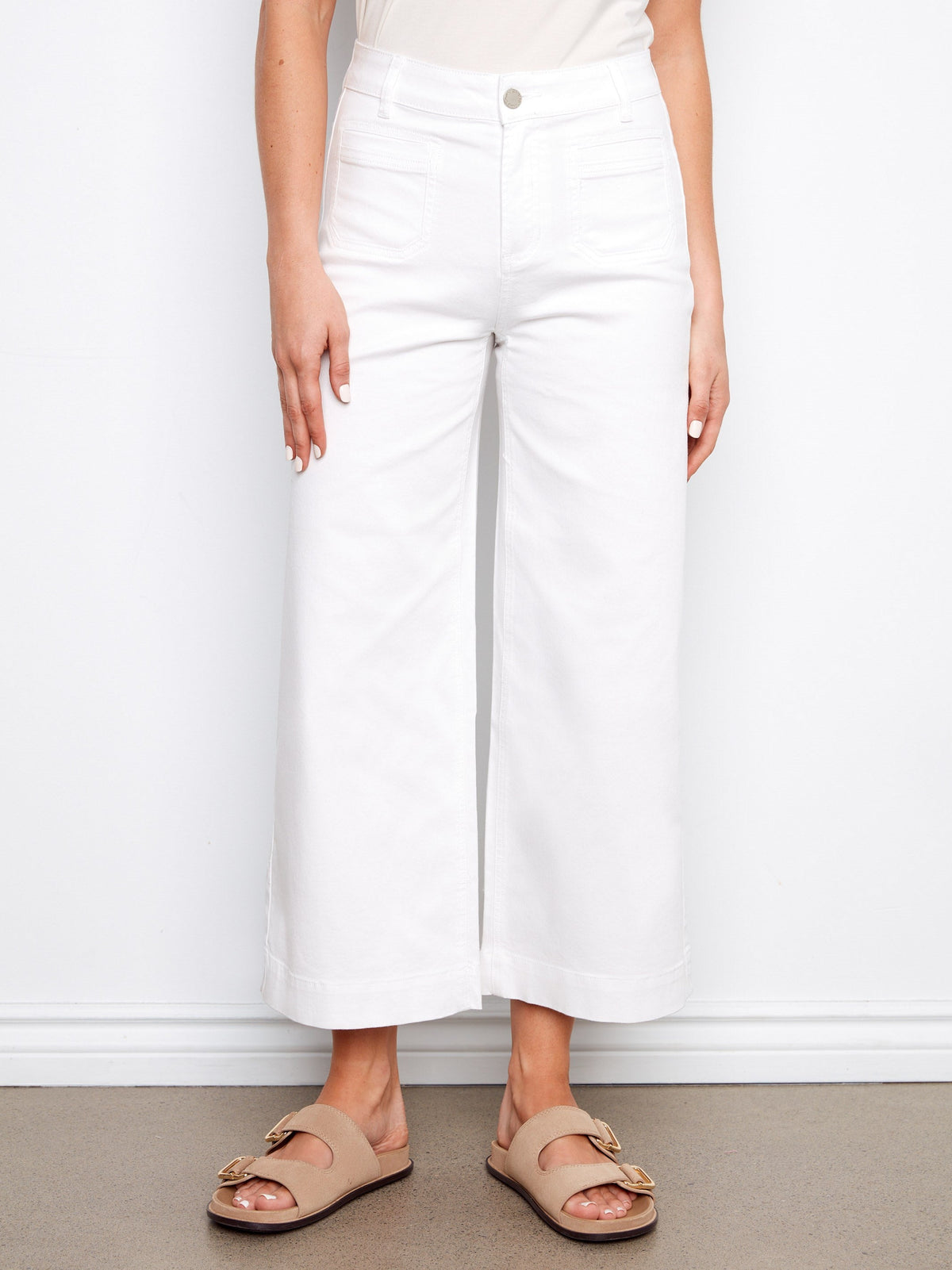 Pantalon Sergé Évasé Coupe Courte à Poches Plaquées - Blanc