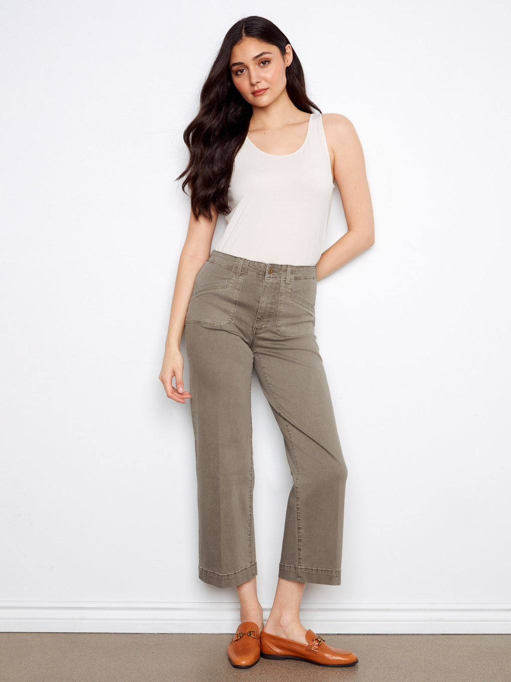 Jean en sergé extensible coupe large écourtée - sauge