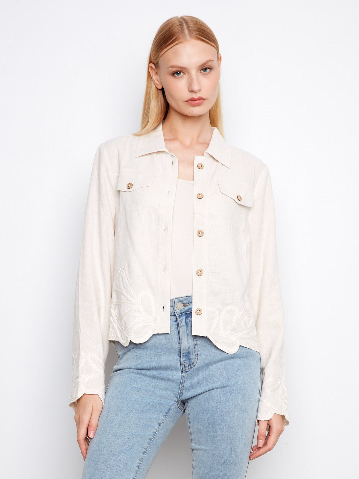 Veste en mélange de lin à ourlet brodé - Naturel