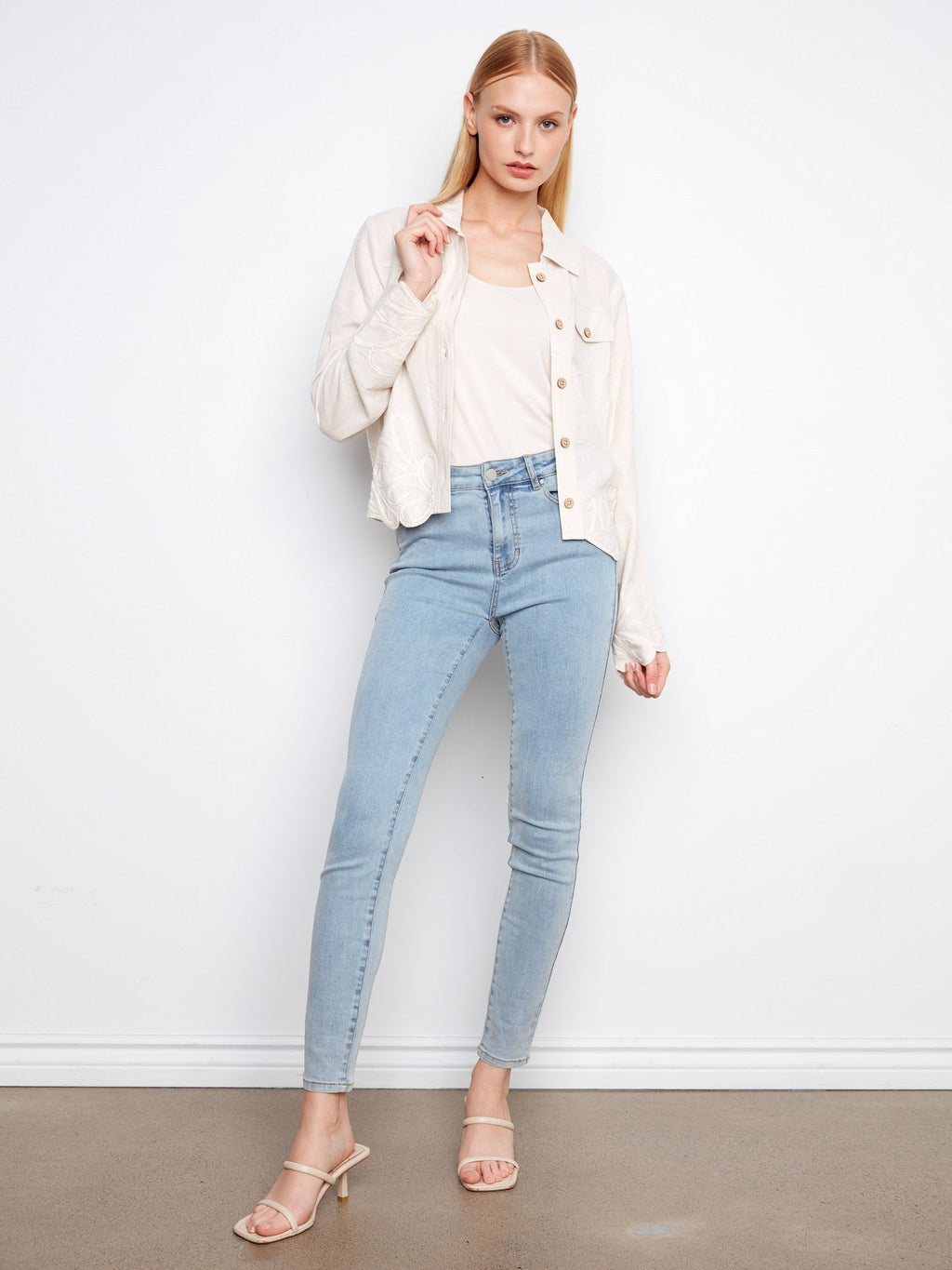 Veste en mélange de lin à ourlet brodé - Naturel