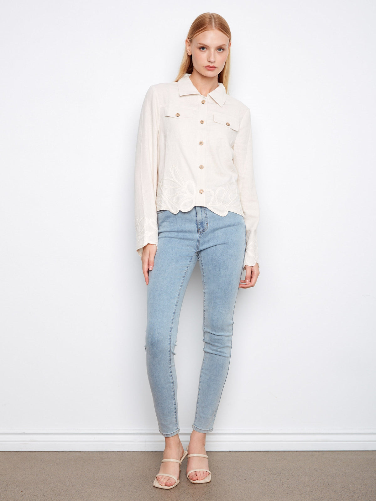 Veste en mélange de lin à ourlet brodé - Naturel