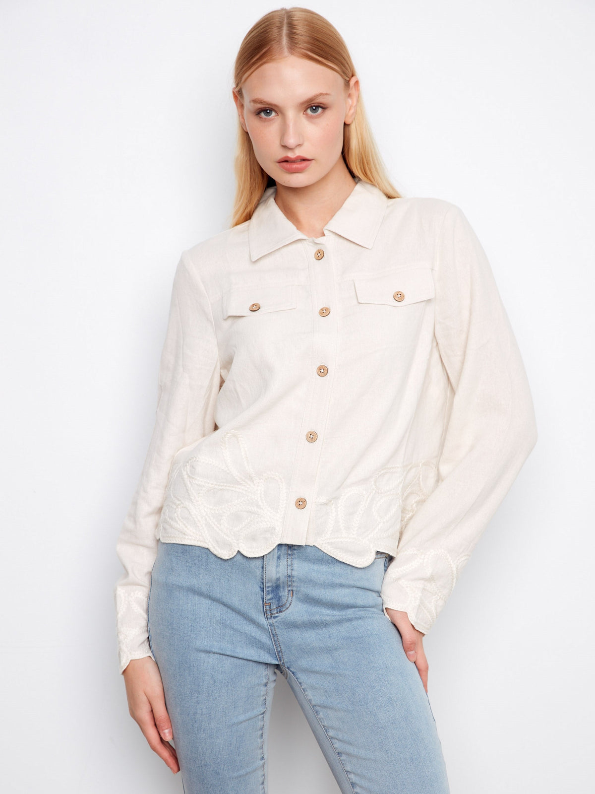 Veste en mélange de lin à ourlet brodé - Naturel