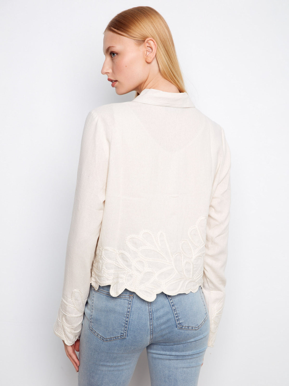 Veste en mélange de lin à ourlet brodé - Naturel