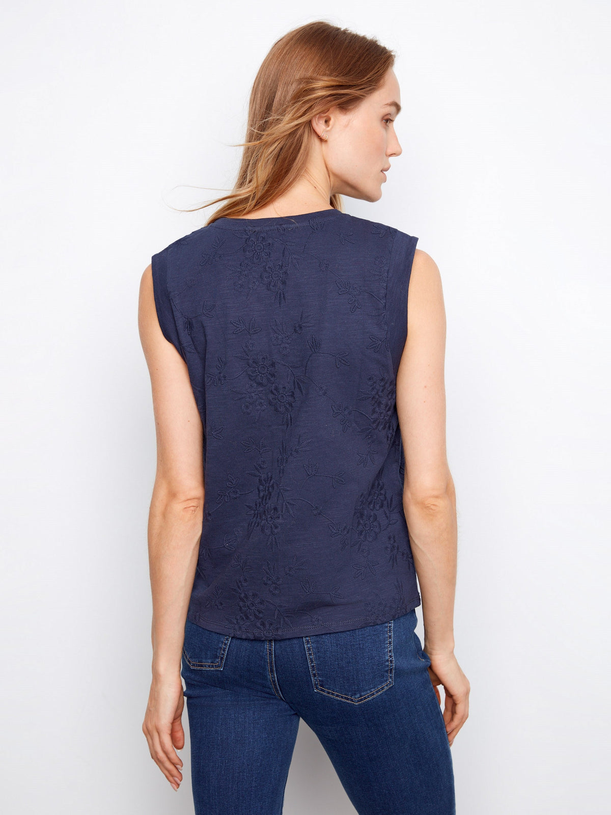 Haut en Coton Brodé Fleuri sans Manches - Bleu Marine