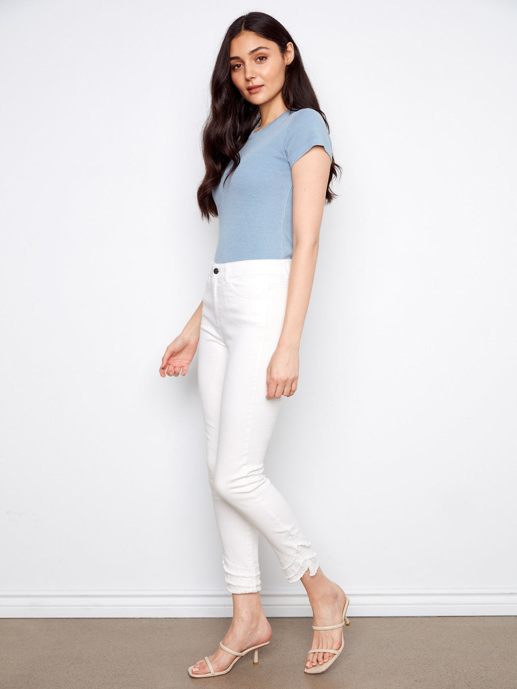 Pantalon sergé à ourlet effiloché - Blanc