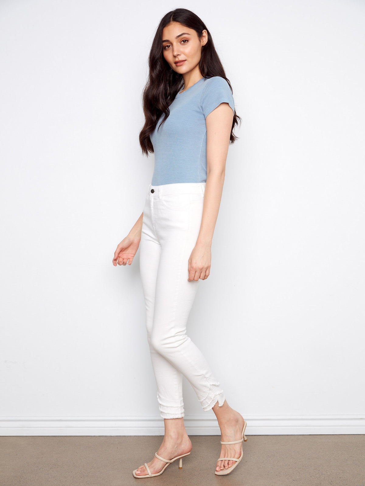Pantalon sergé à ourlet effiloché - Blanc