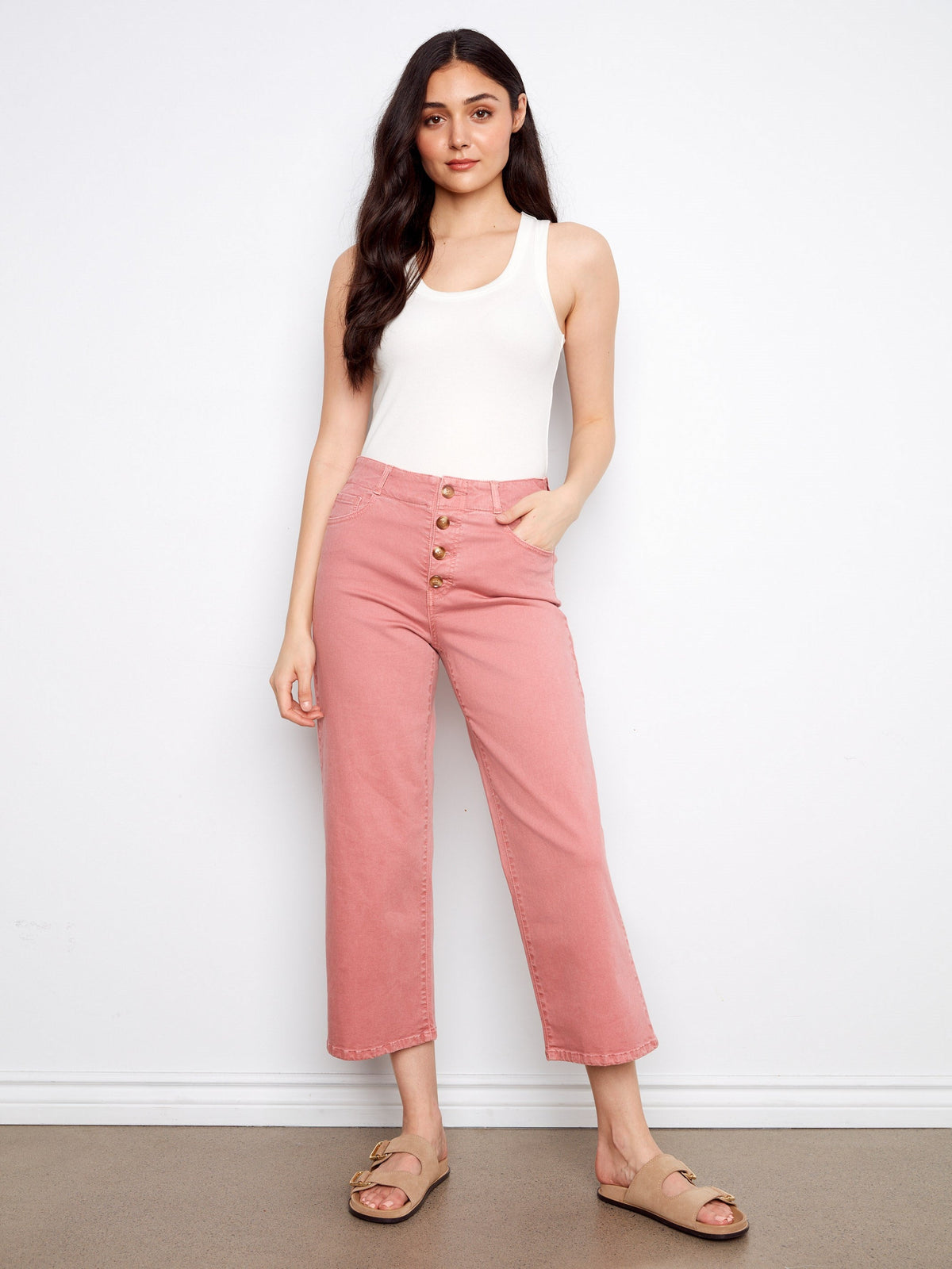 Pantalon court en sergé à braguette boutonnée devant - Rose vif