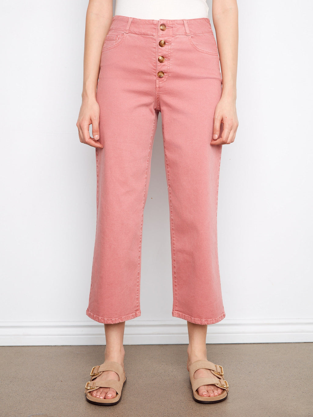 Pantalon court en sergé à braguette boutonnée devant - Rose vif