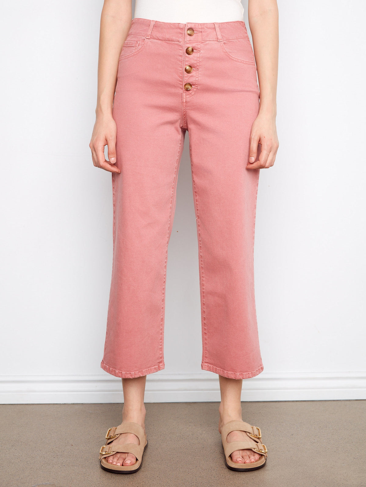 Pantalon court en sergé à braguette boutonnée devant - Rose vif