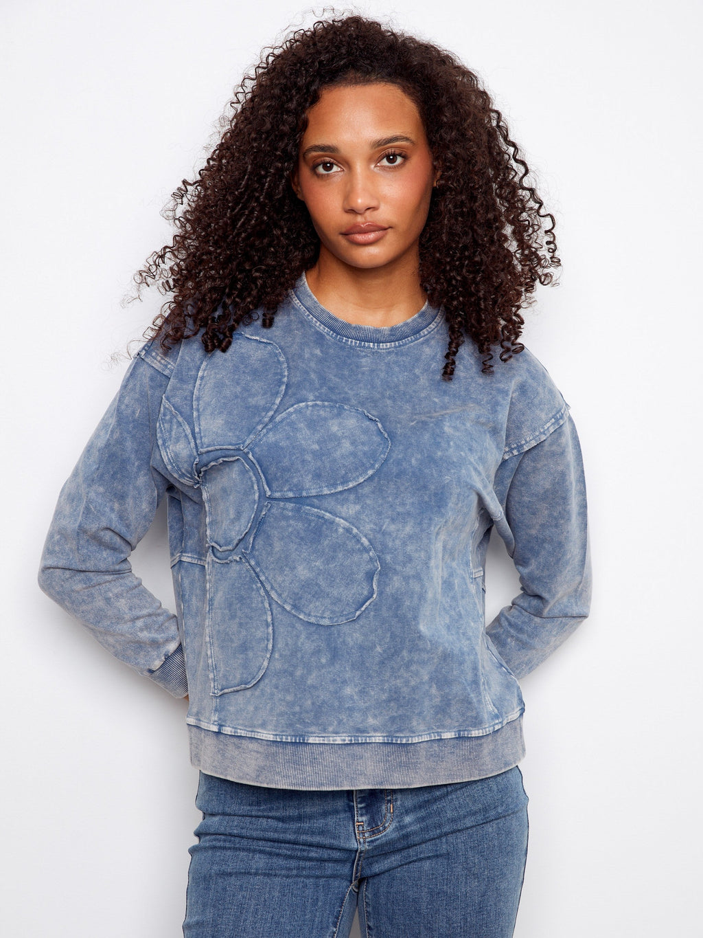 Haut à manches longues avec appliqué floral - Denim