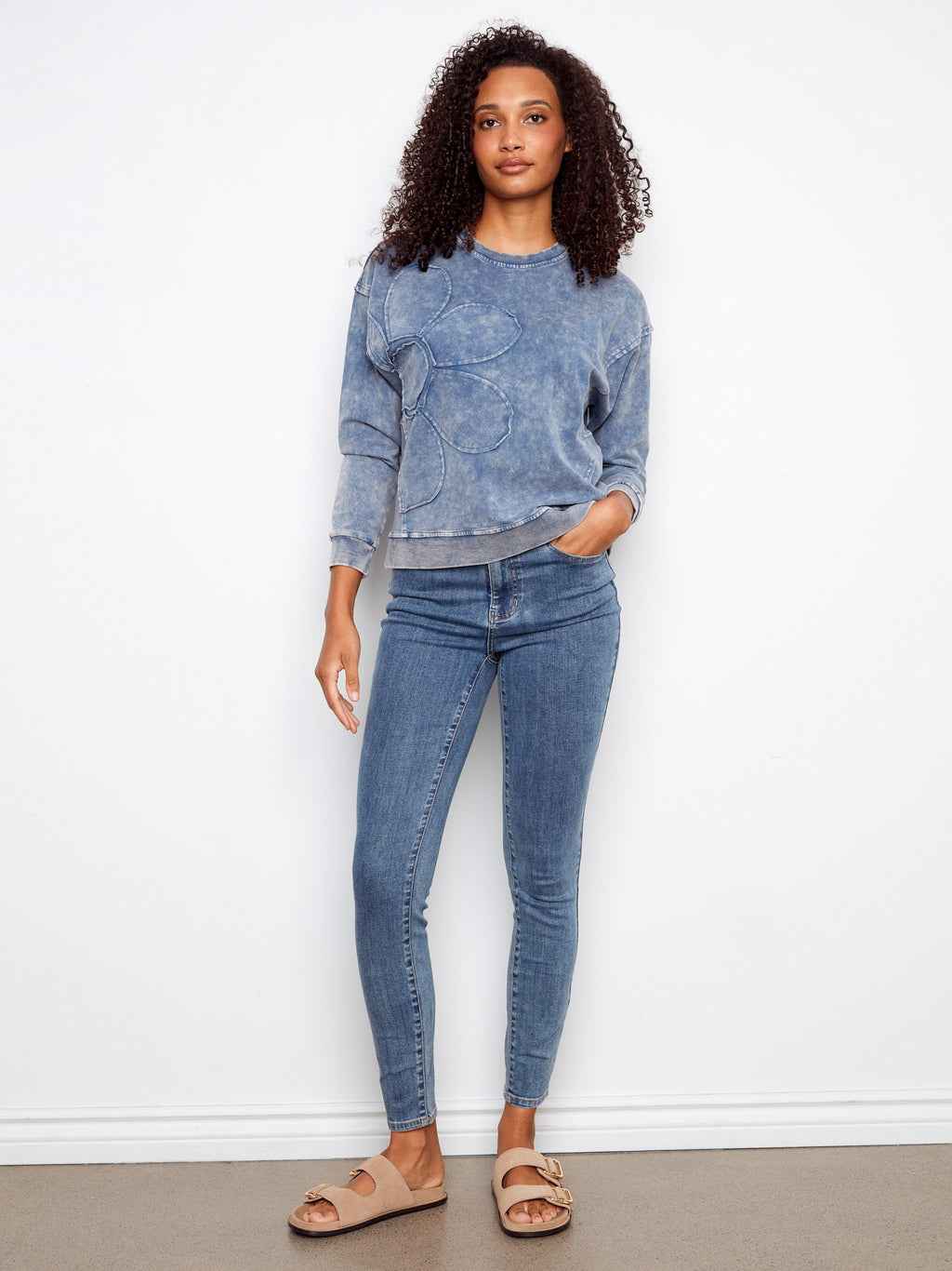 Haut à manches longues avec appliqué floral - Denim