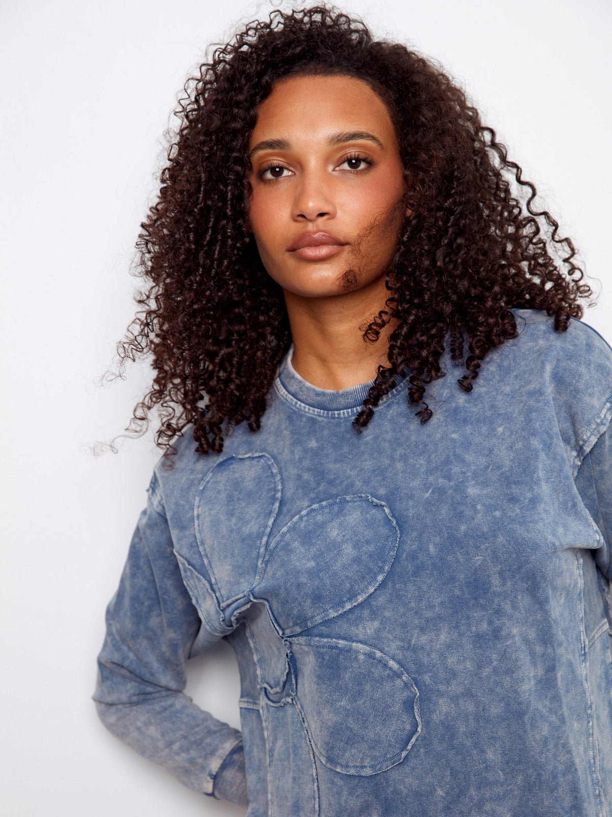 Haut à manches longues avec appliqué floral - Denim