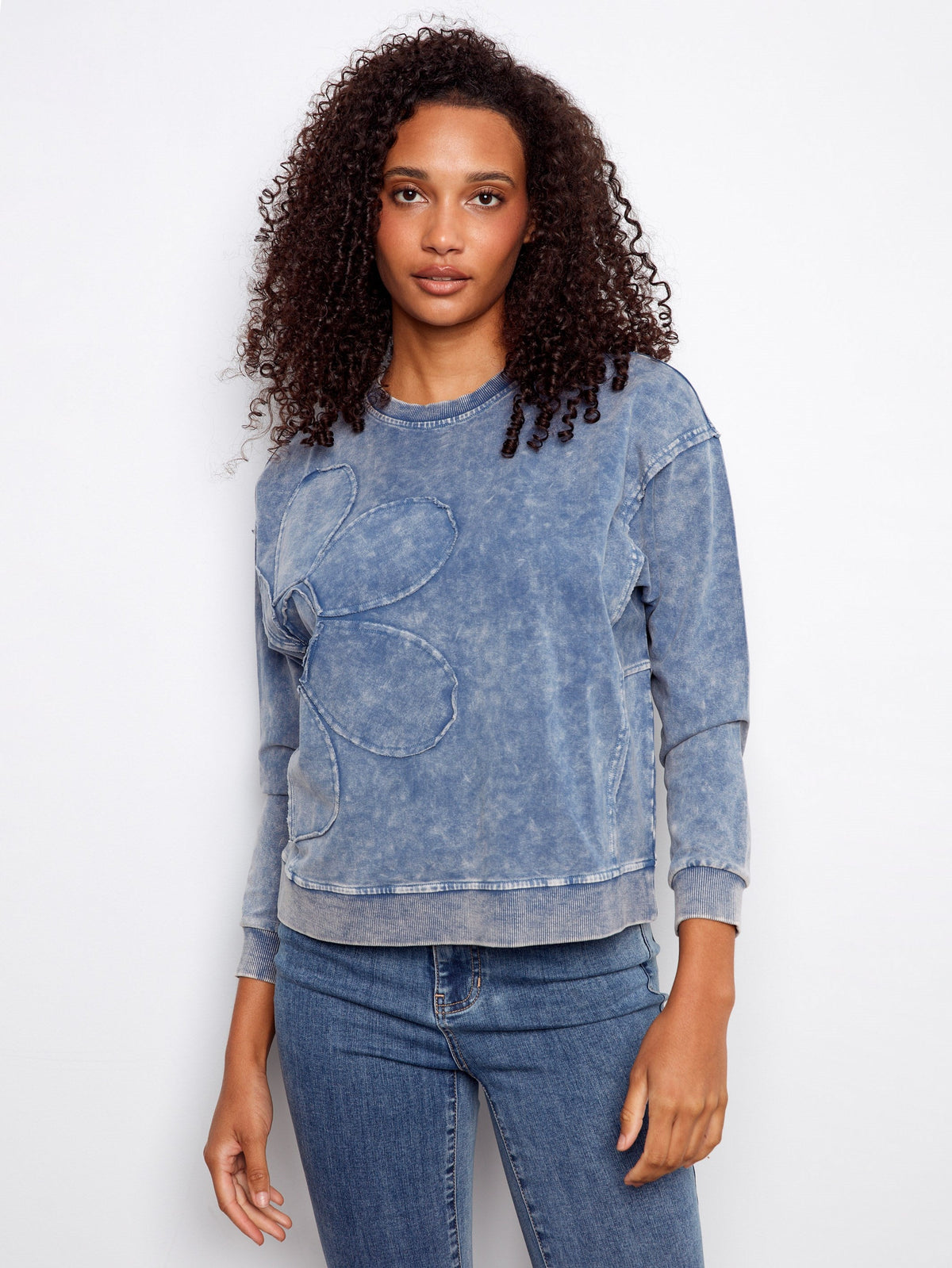 Haut à manches longues avec appliqué floral - Denim