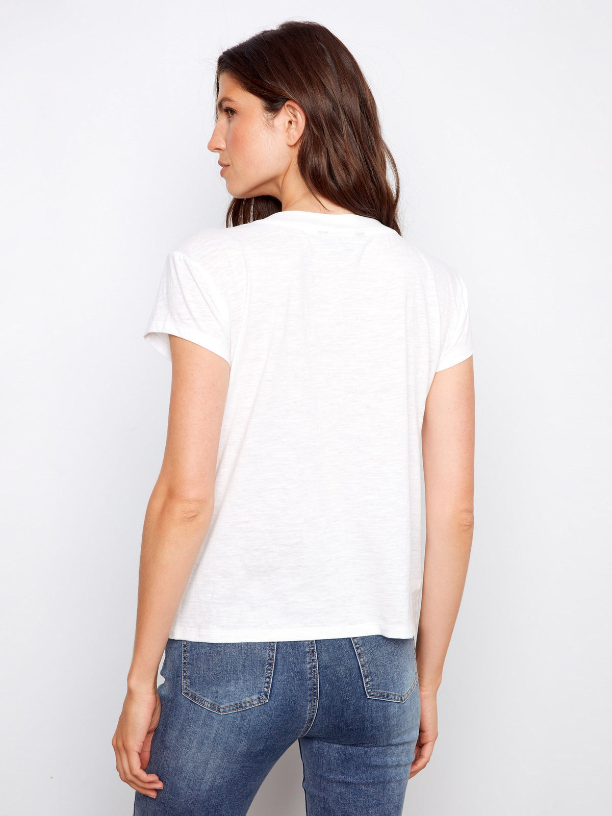 T-shirt en coton biologique à col en V et épaules tombantes - Blanc
