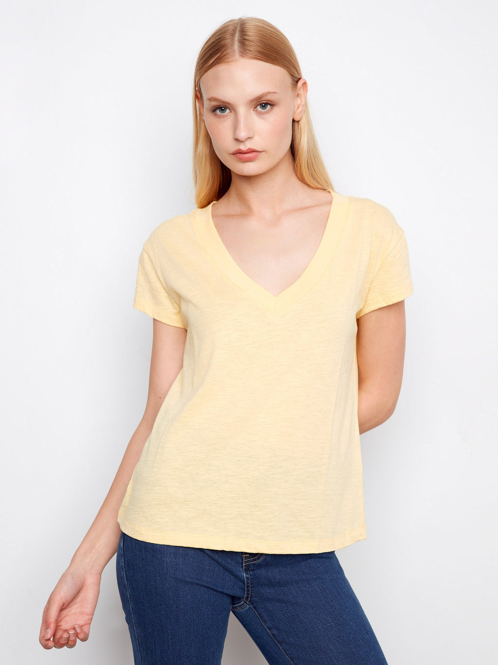 T-shirt col V en coton biologique à épaules tombantes - Jaune