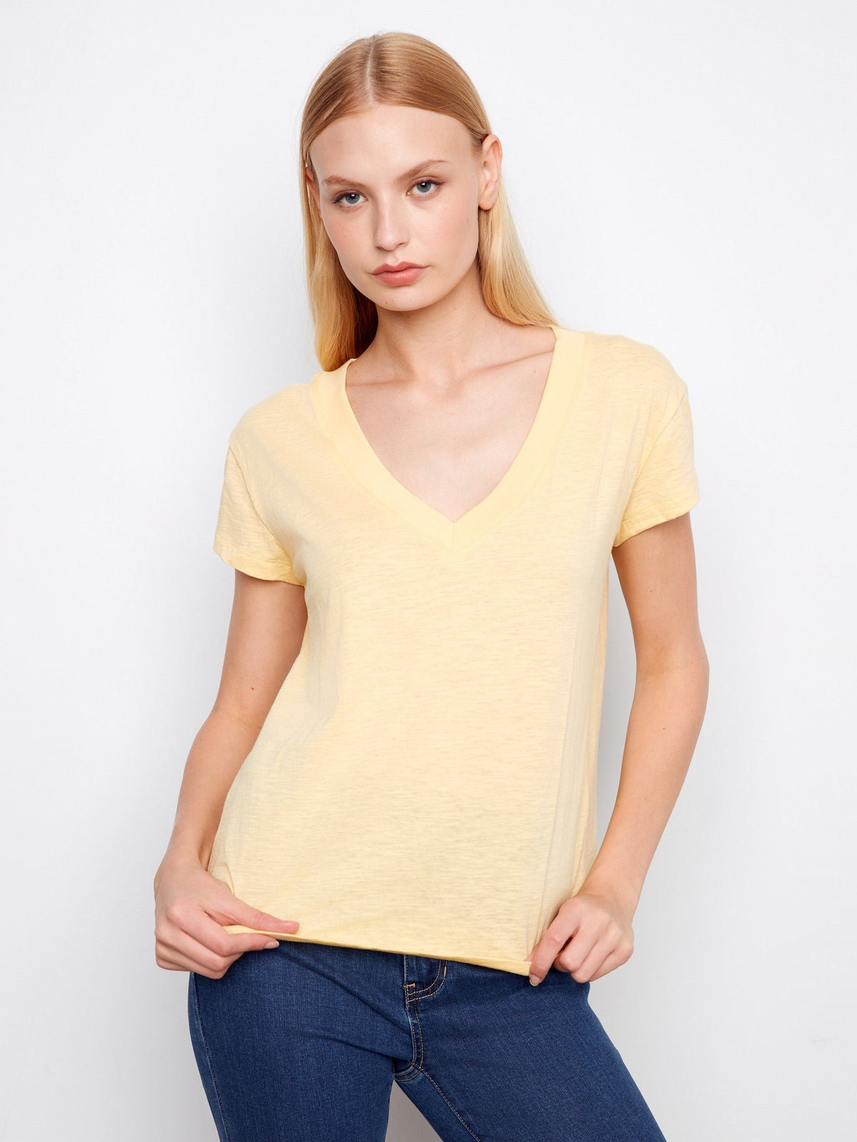 T-shirt col V en coton biologique à épaules tombantes - Jaune