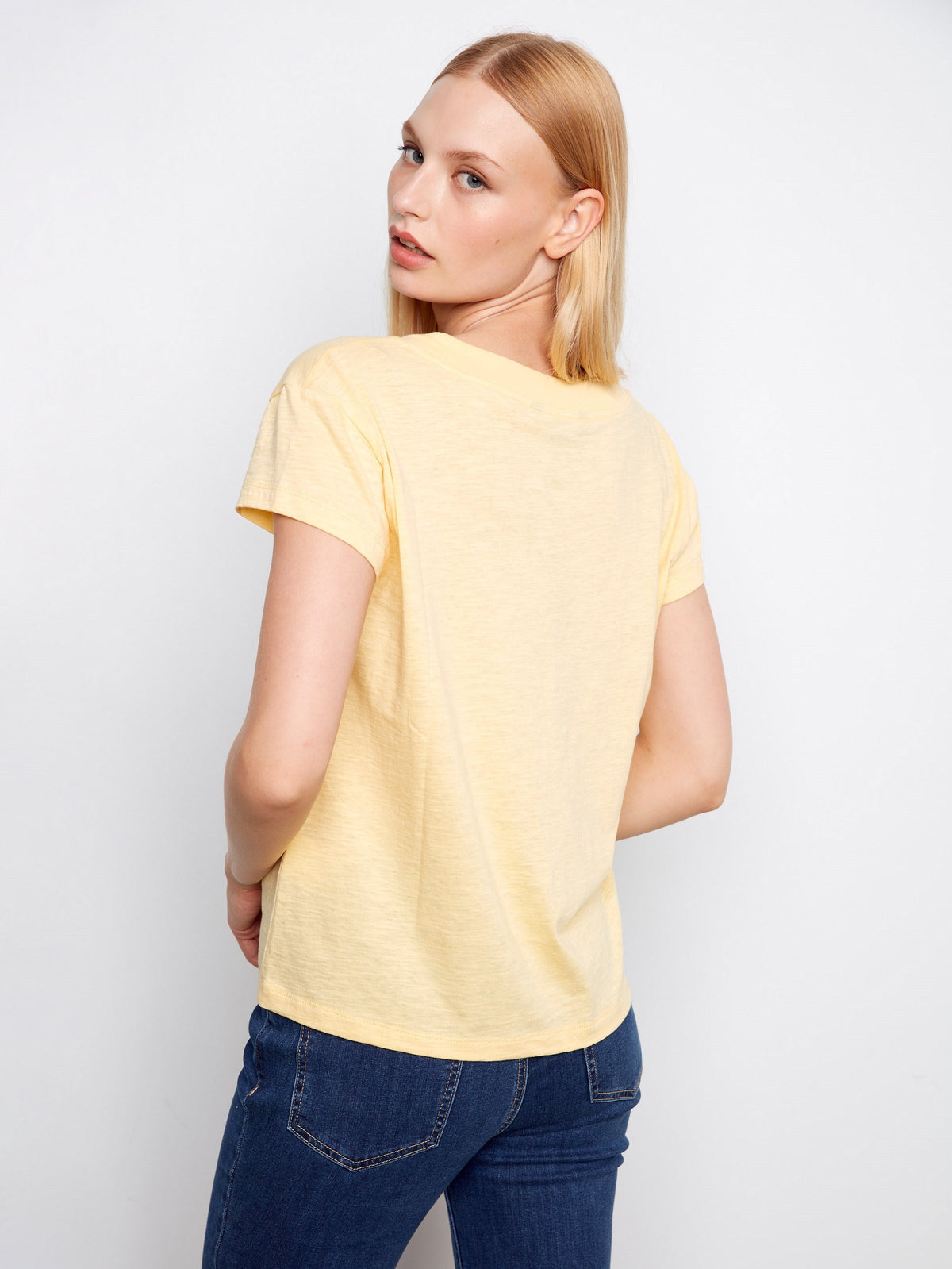 T-shirt col V en coton biologique à épaules tombantes - Jaune