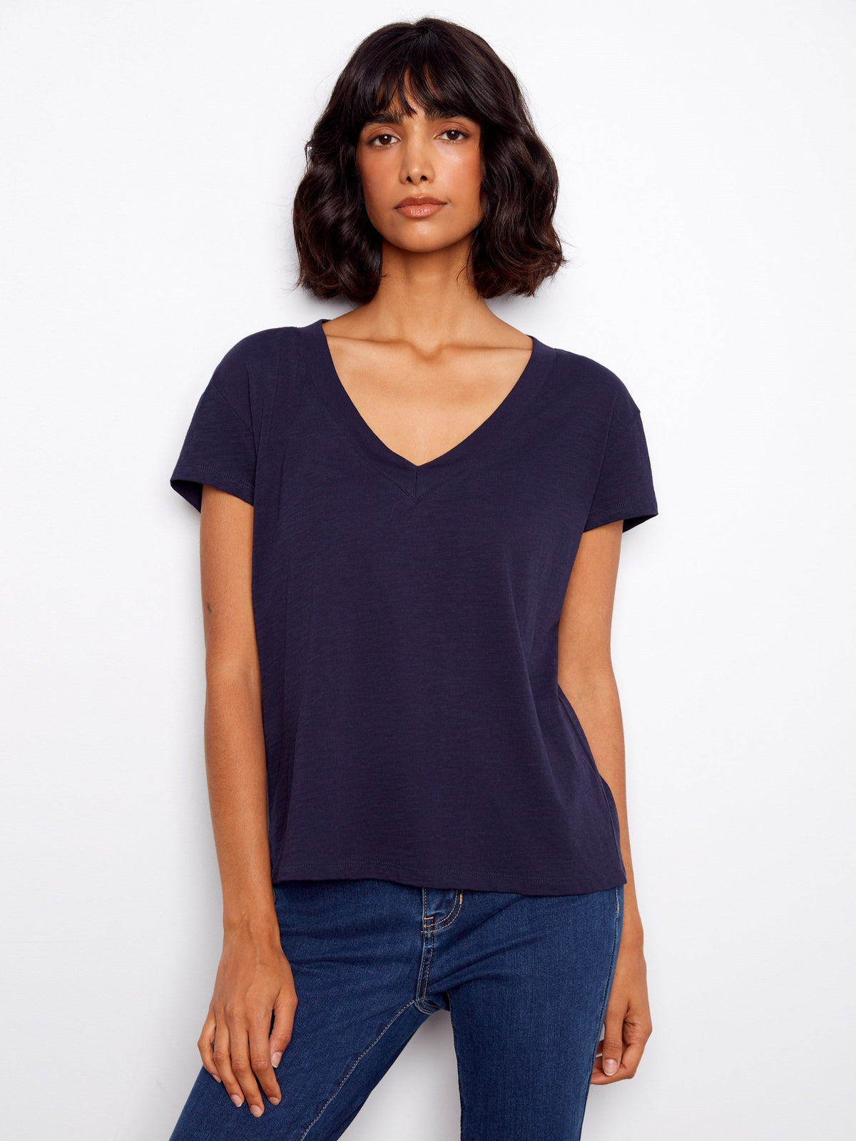T-shirt en coton biologique à col en V et épaules tombantes - Bleu marine
