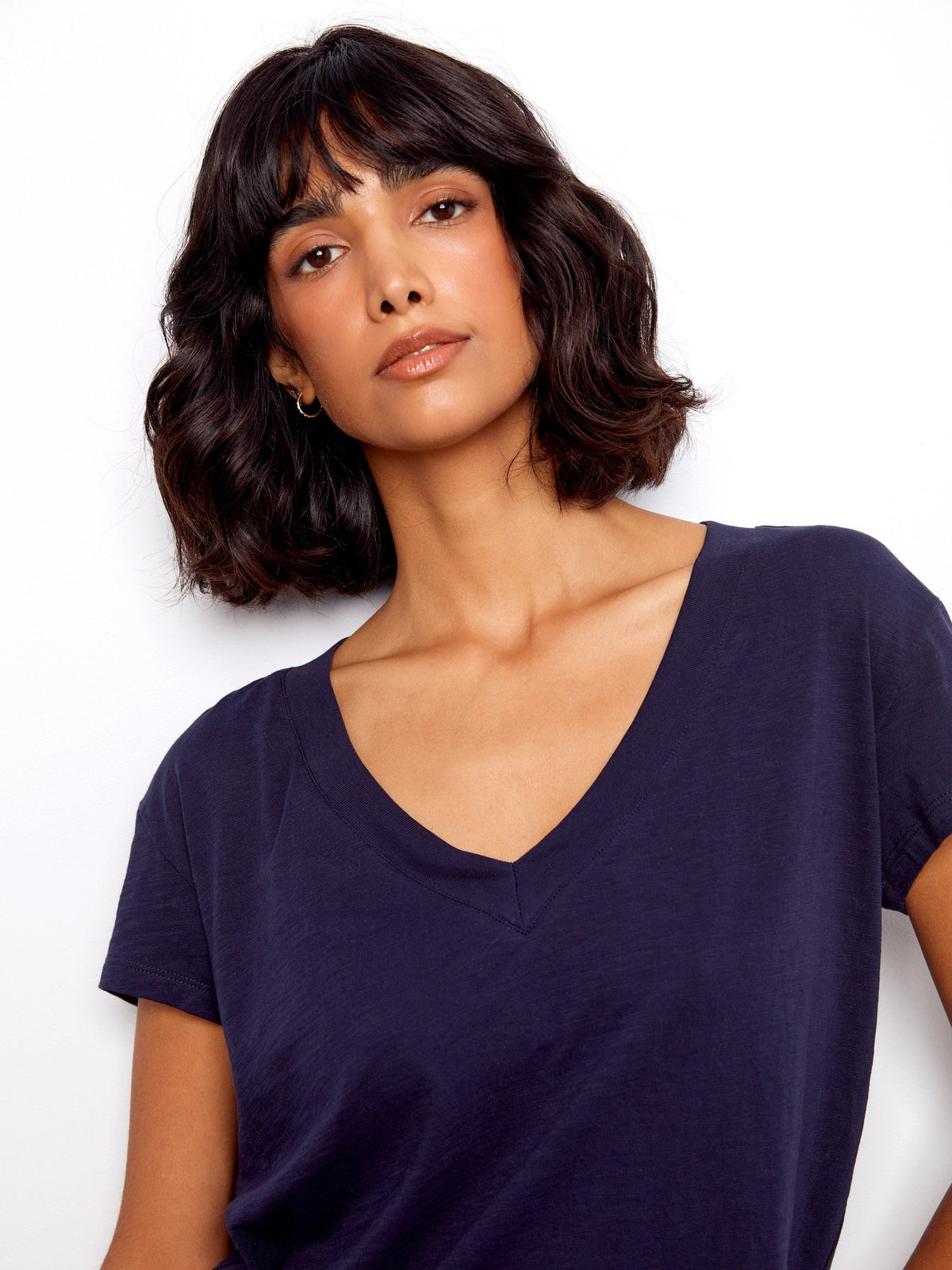 T-shirt en coton biologique à col en V et épaules tombantes - Bleu marine